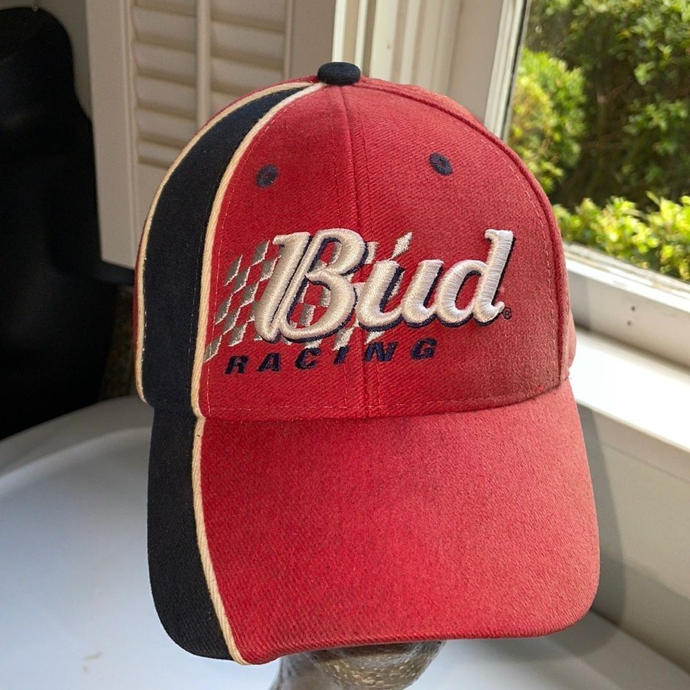NWT Bud Racing Bio‎ Domes Headgear red, black & white cap